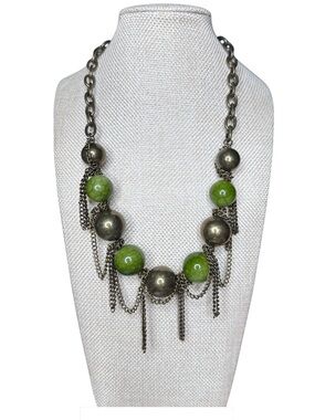 Statement Green Bead and Antique Silver Chain Necklace - Women Jewelry